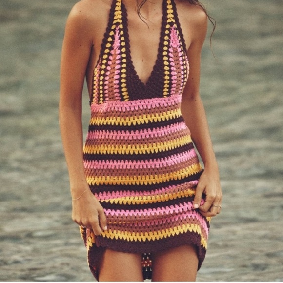 Zara Dresses & Skirts - ZARA, Colourful Retro Crochet Halter Dress, with deep V-Neck Size Large